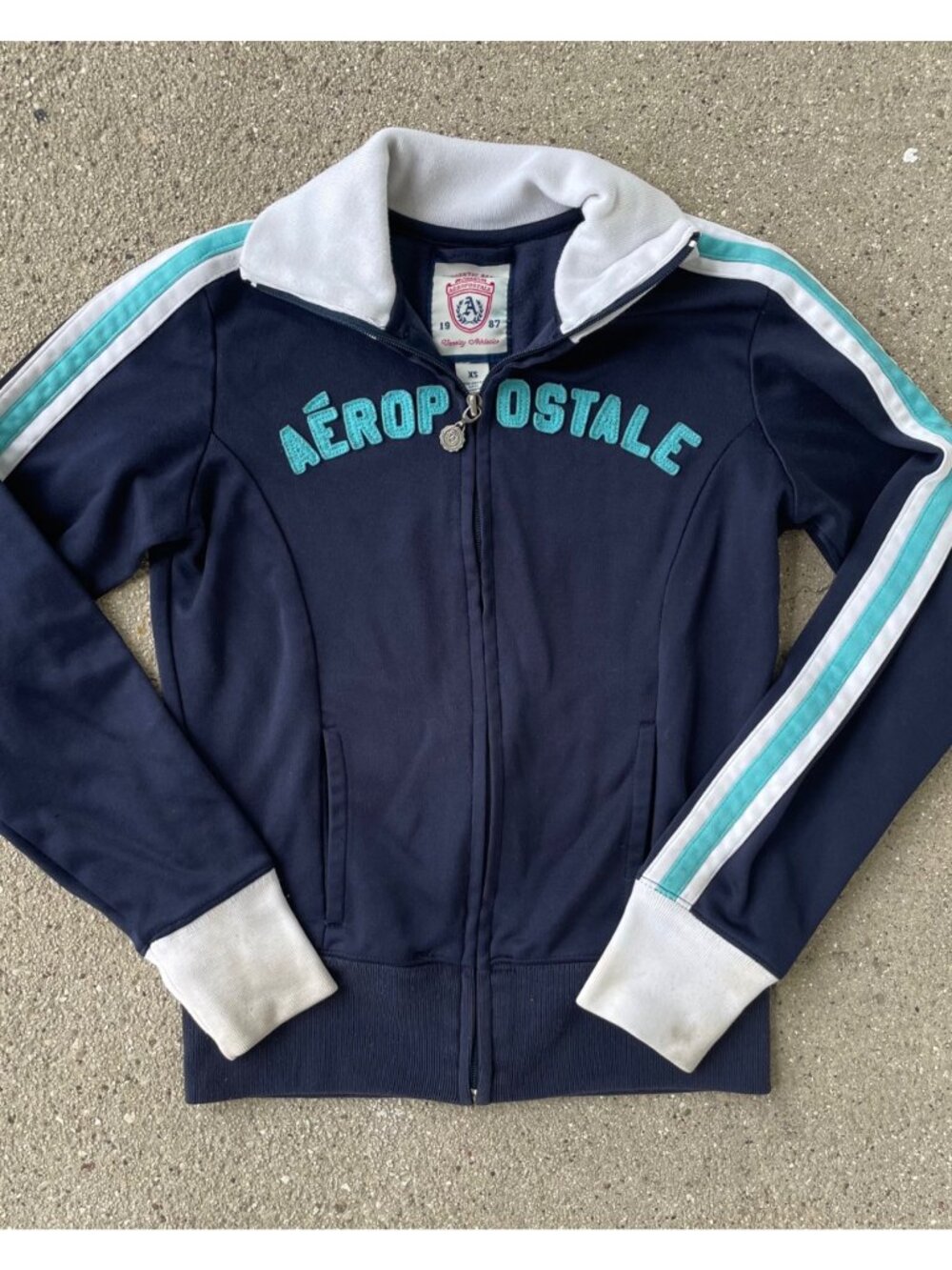 Vintage 90s Aeropostale Blue Zip Up Track Jacket Womens XS Logo Distressed